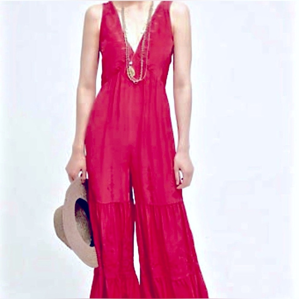 Anthropologie - Elevenses Berry Pink Wide Leg Embroidered Jumpsuit Size XL NWT